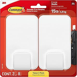 Command 15 Lb XL Heavyweight Wall Hook, Damage Free Hanging Wall Hook with Adhesive Strips, Heavy Duty Single Wall Hook for Hanging Back to School Organizers, 2 White Hooks and 8 Strips