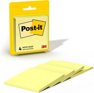 Post-it Notes, 3 in x 3 in, 4 Sticky Notes Pads, 50 Sheets per Pad, The Iconic Canary Yellow Note, School Supplies and Office Products