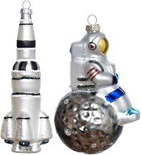 Blown Glass Rocket and Astronaut on Moon Ornament for Christmas Tree | Spaceman on Moon and Rocket Christmas Ornament