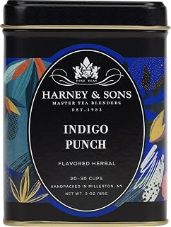 Harney & Sons Indigo Punch | 3 oz Loose Leaf Tea w/ Butterfly Pea Flower with Rose Hips, Apple Pieces, and Raspberry | Butterfly pea flower herbal tea with rosehips, apple, raspberry, and lemongrass. Naturally caffeine-free.