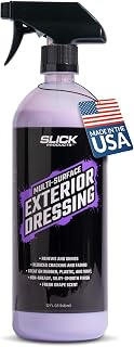 Slick Products Multi-Surface Exterior Dressing for Trim & Tires - 32 oz | Renews faded trim; tire dressing for a silky non-greasy shine; protects plastic, vinyl & rubber; fresh grape scent