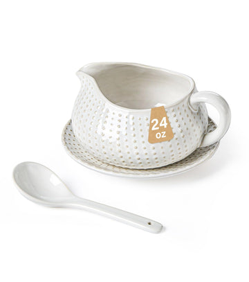 Lareina Ceramic Gravy Server, 24 Ounces, White Polka Dot