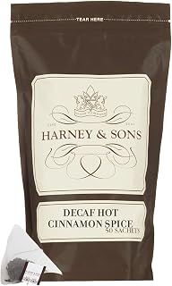 Harney & Sons Decaffeinated Hot Cinnamon - Ceylon Black Tea with Three Types of Cinnamon, Orange Peel and Sweet Cloves - 50 Count Sachet Bag | Decaffeinated Ceylon black tea with cinnamon, orange peel, and cloves.