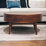 32" Nordic Styled Coffee Table, Round Coffee Table with Wooden Drawer, Mesa De Centro para Sala with Brass Accents for Home Interior Styling, Brown