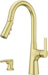 Pfister Tasso Kitchen Faucet with Pull Down Sprayer and Soap Dispenser, Single Handle, High Arc, NSF Certified, Brushed Gold Finish, F5297TSOBG