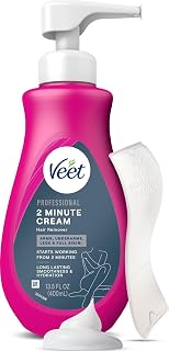 Veet Professional 2 Minute Cream for All Skin Types with Shea Butter, Effective Full Bikini & Pubic Hair Removal, Dermatologically Tested, 13.5 FL OZ Bottle w/Spatula