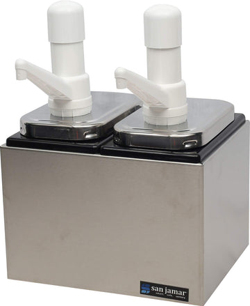 San Jamar Stainless Steel Condiment Pump Service Center with 2 Wells Black Jars by Carlisle FoodService Products – 12 x 8.25 x 8", Stainless Steel, Stainless, Model P9712