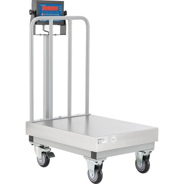 NTEP Mobile Bench Scale with Backrail and LED Display by Global Industrial – Steel Frame/Stainless Steel Pan, Silver, Model OP-915BW-1824-500 LED-PL