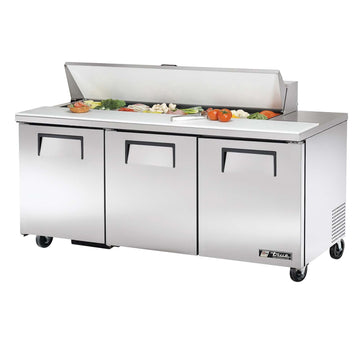 72" Refrigerated 16 Pan 3 Door Sandwich Salad Food Prep Table by TRUE – Polyethylene (PE), Stainless-Steel, Model TSSU-72-16
