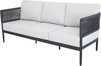 IC INTERNATIONAL CONCEPTS, Outdoor Woven Abaca Rope 3 Seater Patio Sofa with Cushions, Powder Coated Aluminium Frame, 74" W x 31" D x 28" H, 350 Lbs Wt. Capacity, Fully Assembled, Charcoal