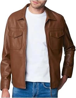 Men's Brown Lambskin Leather Jacket Shirt Collar Moto Coat