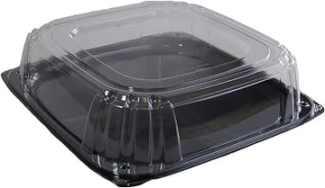Sabert Black 16" UltraStack Square Platter with Clear 3" Dome Lid, Durable Plastic, Disposable, 25 Count