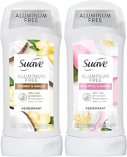 Suave Aluminum-Free Deodorant Variety 2-Pack – Coconut & Vanilla + Rose Petal & Jasmine, 48H Odor Protection, Free of Parabens, Dyes & Talc, 2.7 Oz Ea