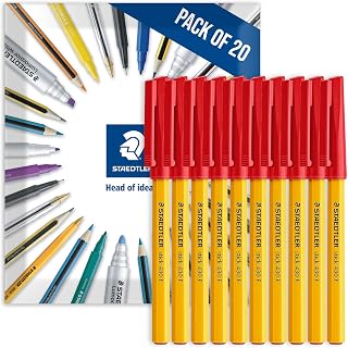 STAEDTLER 430F Stick Ballpoint Fine Pens Pack of 20 Red | 0.3mm Fine Point in Envelope Packaging, Smooth, for Writing, Drawing, Studying