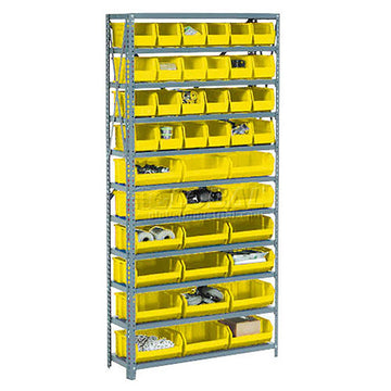 Open Bin Shelving w/8 Shelves & 14 Yellow Bins by Global Industrial – 12"L x 36"W x 73"H, Alloy Steel, Grey, Model 506206YL