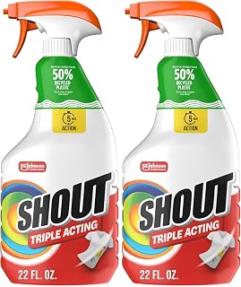 SHOUT Active Enzyme Laundry Stain Remover Spray, Triple-Acting Formula Clings, Penetrates, and Lifts 100+ Types of Everyday Stains - Prewash Spray 22oz (Pack of 2)