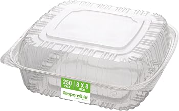 Responsible Products 8" x 8" inch Clear Hinged Container, Certified Compostable and Made from 100% American Biobased Materials, No-PFAS Added & BPA-Free (250 Count)