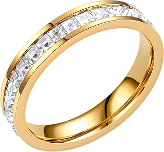 Gold Eternity Ring for Women, 18K Gold Plated Titanium Steel Ring with Single Row Zircon, Stackable Non Tarnish Band for Wedding, Engagement, Party, Anniversary, Channel Set, Size 5, for Daily Wear
