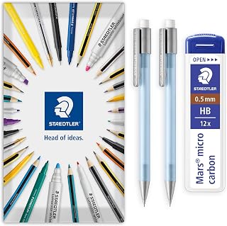 STAEDTLER 2x Light Blue Graphite 777 Mechanical Pencils & 0.5mm HB Leads | Refillable, for Writing, Sketching, Technical Drawing & Office Use