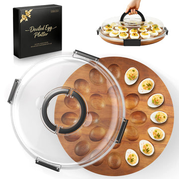 Renmxj Deviled Egg Tray with Lid, Acacia Wood Base, 24 Slots, Black