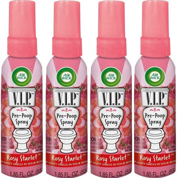 V.I.P. Pre-Poop Toilet Spray | Rosy Starlet Scent | Contains Essential Oils | Travel Size Air Freshener | Up to 100 uses - 1.85 Ounce (Pack of 4) by Air Wick – 1.85 Fl Oz (Pack of