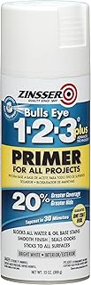 Zinsser Bulls Eye 1-2-3 Plus Spray Primer, White, 13oz | Bulls Eye 1-2-3 Plus spray primer, 13oz, White. High-hide stain-blocking spray primer for all surfaces; bonds without.