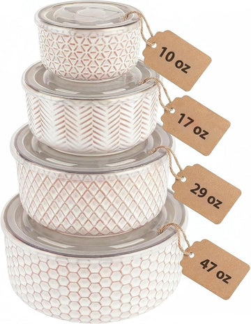 KooK Stoneware Nesting Bowls with Lids, Embossed Ceramic, Set of 4, Ivory