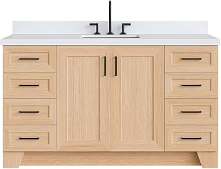 ARIEL Taylor 60-inch Bathroom Vanity with Sink,Solid Wood, 1.5-inch Pure White Quartz Countertop, Single Rectangular Porcelain Sink, Soft Closing Doors, Dovetail Drawers, Natural Oak