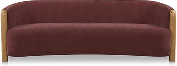 Anya Sofa, Curved, Performance Chenille, Solid Oak Arms and Legs, Cushion Back, Seats Three, Berry