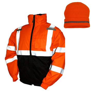 Bomber II Hi-Vis Orange Jacket J26119 Winter Safety with Hi-Vis Orange Winter Weather Beanie Hat (Large) by TINGLEY – Quilted polyester, Safety Orange, Pack of 3, Model J26119.LG