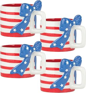 10 Strawberry Street Bunting & Bows Americana Coffee Mug Set, Set of 4 Patriotic Ceramic Mugs for Coffee, Tea & Hot Cocoa, 16.8 fl oz