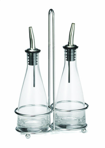 6 Oz Oil & Vinegar Cruet Set w/Chrome Plated Rack by Tablecraft – 6 Ounce, Glass, Clear, Model 611N