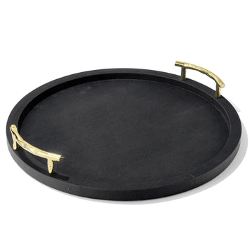Round Serving Tray- Large Decorative Platter w/Carry Handles in Gorgeous Leatherette Finish Perfect for Food by American Atelier – 17", Polypropylene, Black, Model 1630071