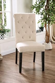 Dining Side Chairs Set of 2 Button Tufted Ivory Linen-Like Fabric Solid Wood Scroll Back Rustic Kitchen Dining Room Chairs for Home and Restaurant Use