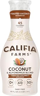 Califia Farms Toasted Coconut Almond Milk, 48 Oz, Dairy Free, Plant Based, Vegan, Gluten Free, Non GMO, Sugar Free, High Calcium, Smoothie.
