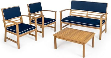 JONATHAN Y Barclay 4-Piece Acacia Wood Patio Conversation Set, Navy
