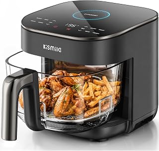 Kismile AeroLucen 5 QT Glass Air Fryer, No Preheat, 8-in-1, 450°F | Clear borosilicate glass basket with lid, 9.7-in compact design, 8-in-1 functions & color-changing Dynamic Speed Ring