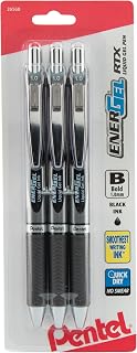 Pentel EnerGel RTX Retractable Liquid Gel Pen, (1.0mm), Bold Line, Metal Tip, Black Ink, Pack of 3 (BL80BP3A)