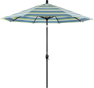 California Umbrella 9' Round Aluminum Market Umbrella, Crank Lift, Push Button Tilt, Bronze Pole, Sunbrella Seville Seaside