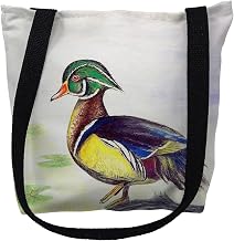 Betsydrake TY145G 18 x 18 in. Male Wood Duck Beige Script Tote Bag - Large