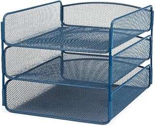Safco Onyx Mesh 3 Tray Desktop Organizer 3271BU, Blue Powder Coat Finish, Durable Steel Mesh Construction