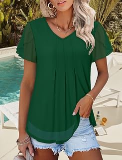 Womens Butterfly Short Sleeve Tops Casual Crew Neck Double Layer Pleated Tunic Loose Fit Tshirts Basic Summer Tops Blouses