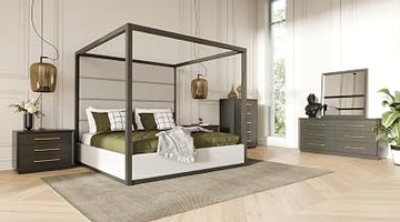 Limari Home Rochester Collection Contemporary Solid Wood and MDF 2 Nighstands, Dresser, Mirror & Polyester Fabric Upholstered Bed 5-piece Bedroom Set, Queen, Grey, Off White, Gold
