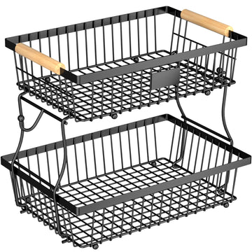 Astrorhine 2 Tier Fruit Basket, Iron Mesh with Banana Hooks, Black