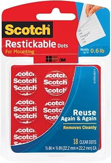 Scotch Restickable Dots, 7/8-in, 18 Count, Clear Double-Sided Mounting Pre-Cut Dots, Remove Cleanly, Mount Objects on Stainless Steel, Plastic & More, Photo-Safe Adhesive, Mess-Free Application (R105)