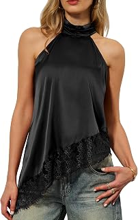 Women's Satin Halter Neck Top Lace Trim Asymmetrical Tank Tops