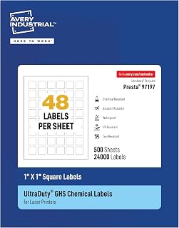 Avery UltraDuty® GHS Labels, Waterproof, 1 X 1" White Square Labels , 24000 Total, Use with Laser Printers