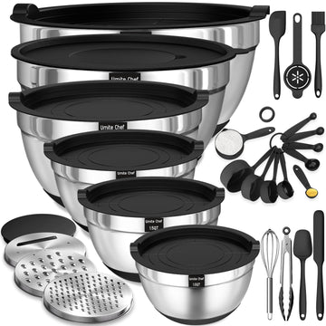Umite Chef Stainless Steel Mixing Bowl Set, 26 Piece with Lids and Graters, Carbon Black
