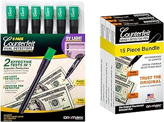 Dri Mark Dual Test and Counterfeit Money Detection Pen Bundle, 15 Counterfeit Pens and 6 Dual Test UV LED Cap Pens, Fake Money Checker
