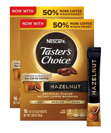 Nescafé, Taster's Choice, Instant Coffee Beverage, Hazelnut, 16 Packets, 0.1 oz (3 g) Each - 2pc by Nescafe – 0.11 Ounce (Pack of 16), Pack of 2